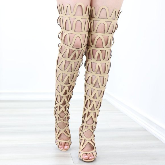 Women Faux Leather Nude Gladiator Stiletto Thigh High Heeled Boot - Picture 12 of 14